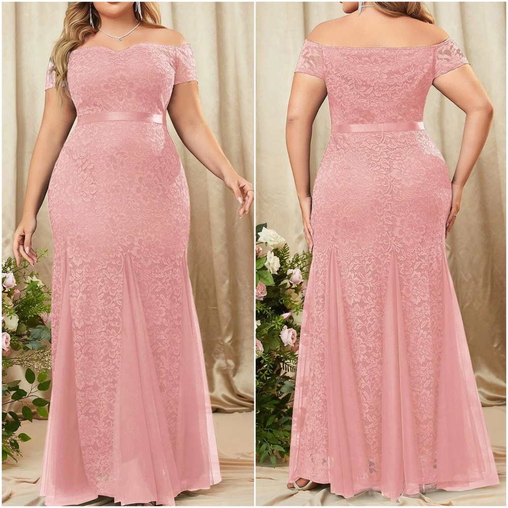 Plus Floral Lace Off Shoulder Formal Evening Wedding Maxi Dress - Picture 10 of 10